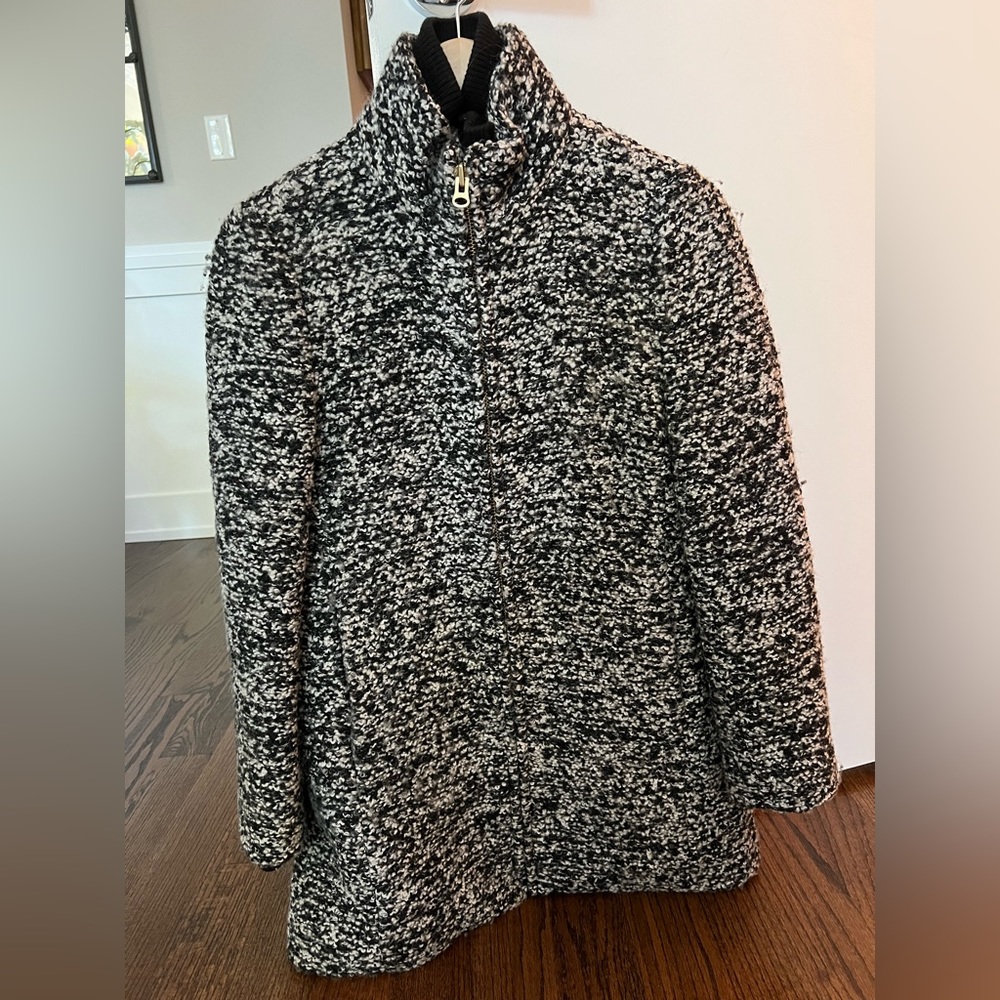 Size 2 black & white women’s J Crew Italian wool boucle coat.